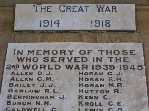 D.J. ALLEN  | G.M. ALLEN  | J.J. BAILEY  | R.L. BARLOW  | J.   BERMINGHAM  | N.H. BUNCH  | C.   CALDWELL  | G.J. HORAN  | K.H. HORAN  | M.R. HORAN  | R.   HUTTON  | C.   KENN  | C.E. KROLL  | C.D. LEWIS  | Greenmount War Memorial  |   | 