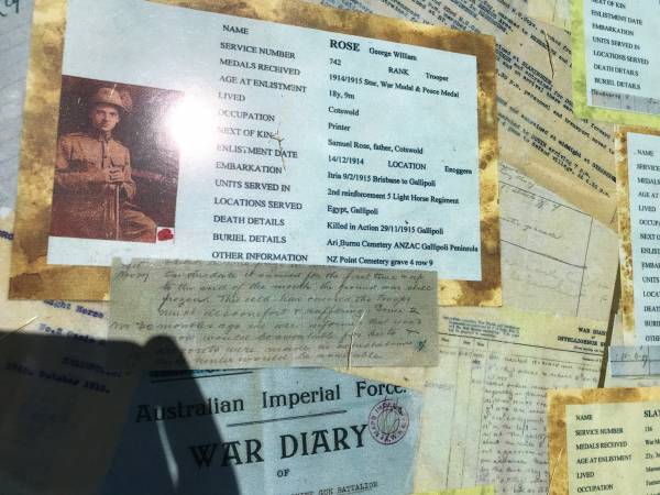 George William ROSE  | lived Cotswold  | age enlisted 18y 9m  | date enlisted 14 Dec 1914  | d 29 Nov 1915 Gallipoli  | father Samuel Rose (Cotswold)  |   | Maroon War Memorial  |   |   | 