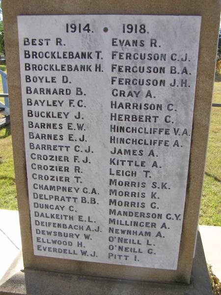 1914 - 1918  | Best R  | Brocklebank T  | Brocklebank  H  | Boyle D  | Barnard B  | Bayley F C  | Buckley J  | Barnes E W  | Barnes E J  | Barrett C J  | Crozier F J  | Crozier R  | Crozier T  | Champney G A  | Delpratt B B  | Dungay C  | Dalkeith E L  | Deifenbach A J  | Dewsbury W  | Ellwodd H  | Everdell W J  | Evans R  | Ferguson C J  | Ferguson B A  | Ferguson J H  | Gray A  | Harrison C  | Herbert C  | Hinchliffe V A  | Hinchliffe A  | James A  | Kittle A  | Leigh T  | Morris S K  | Morris K  | Morris G  | Manderson G Y  | Millinger A  | Newnham A  | O'Neill L  | O'Neill G  | Pitt I  |   | Woodhill War Memorial, Beaudesert  | 