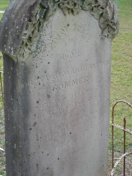 Hulda Amanda Amali Antonie SOMMER,  | born 9 July 1862 died 13 Feb 1885;  | Alberton Cemetery, Gold Coast City  | 