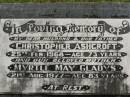 Christopher ASHCROFT,
husband father,
died 25 Feb 1968 aged 73 years;
Myrtle May Gladys,
mother,
died 21 Aug 1977 aged 83 years;
Appletree Creek cemetery, Isis Shire