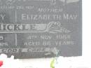 Eric Henry MICKLE,
father,
died 4 Sept 1948 aged 46 years;
Elizabeth May MICKLE,
mother,
died 4 Nov 1984 aged 86 years;
Elvy Myrtle MICKLE,
sister,
2-12-1929 - 16-11-1992;
Mervyn Herbert MICKLE,
19-10-1935 - 12-03-2003,
son brother uncle;
Appletree Creek cemetery, Isis Shire