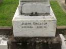 Jane Ellen,
wife of Jos. KINGSTON,
died 5 May 1924 aged 65 years;
Joseph KINGSTON,
died 1946 aged 92 years;
Appletree Creek cemetery, Isis Shire