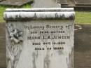 Marie L.A. JENSEN,
mother,
died 13 Oct 1922 aged 59 years;
Appletree Creek cemetery, Isis Shire