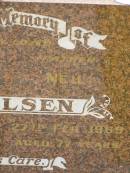 Agnes TERKELSEN,
mother,
died 8 Nov 1989 aged 95 years;
Neil TERKELSEN,
father,
died 27 Feb 1969 aged 77 years;
Joan Marcia TERKELSEN,
19-7-1929 - 8-6-2001,
wife of Warren,
mother of Kay, Kerry, Ross, Gail & Corrine;
Warren Neville TERKELSEN,
22-9-1924 - 6-4-2003m
husband of Joan,
father of Kay, Kerry, Ross, Gail & Corrine;
Appletree Creek cemetery, Isis Shire
