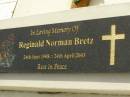 Iris Valmai BRETZ,
died 19 Oct 1975 aged 66 years;
Reginald Norman BRETZ,
24 June 1908 - 24 April 2003;
Appletree Creek cemetery, Isis Shire