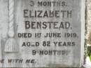 Isabella COLE,
died 28 March 1948 aged 81 years 6 months;
George COLE,
accidentally killed 2 March 1910
aged 52 years 3 months;
Elizabeth BENSTEAD,
died 1 June 1919 aged 82 years 9 months;
Appletree Creek cemetery, Isis Shire
