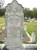 Andrew PURDON,
husband father,
born Govan Scotland,
died 22 Oct 1915 aged 78 years;
Janes PURDON,
born Dalby,
died of wounds in France 22 Aug 1918
aged 28 years 5 months;
Catherine,
wife of Andrew PURDON,
died 16 Nov 1923 aged 80 years;
Appletree Creek cemetery, Isis Shire