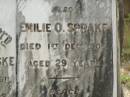 Antony T. PERSKE,
died 18 May 1911 aged 24 years;
Emilie O. SPRAKE,
died 1 Dec 1906 aged 29 years,
erected by mother C.M. PERSKE;
Appletree Creek cemetery, Isis Shire