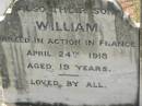 George,
son of W. & C. NEWBIGGING,
died of wounds in France
9 June 1917 aged 22 years;
Colin,
died suddenly 6 July 1913 aged 2 years 5 months;
William NEWBIGGING,
died 17 June 1928 aged 65 years;
William,
son,
killed in action in France
24 April 1918 aged 19 years;
mother and wife of William senior,
died 21 June 1931 aged 59 years;
Appletree Creek cemetery, Isis Shire