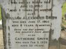 Leslie John SMITH,
died North Isis 13 June 1905
aged 3 years 10 months;
William Alexander SMITH,
died 17 June 1905 aged 8 years 8 months;
Catherine SMITH,
died 9 Feb 1926 aged 32 years;
John SMITH,
died 28 March 1928 aged 69 years;
Mary,
wife,
died 22 July 1943 aged 84 years;
Appletree Creek cemetery, Isis Shire