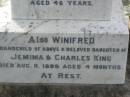 Alexander TAYLOR,
died 5 Sep 1923 aged 74 years;
Catherine TAYLOR,
wife,
died 22 Aug 1899 aged 46 years;
Winifred,
grandchild,
daughter of Jemima & Charles KING,
died 11 Aug 1899 aged 4 months;
William Thomas Bruce TAYLOR,
son of Alexander and Catherine TAYLOR,
died 1 Oct 1962 aged 68 years;
Appletree Creek cemetery, Isis Shire