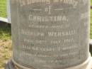 Christina,
wife of Rudolph WERSALLI,
died 28 July 1917 aged 84 years 3 months;
Rudolph WERSALLI,
died 5 Aug 1921 aged 85 years;
Appletree Creek cemetery, Isis Shire