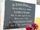 Lloma CHARD,
wife mother,
died 12 Feb 1965 aged 58 years;
Alfred Sidney CHARD,
father,
died 14 July 1997 aged 89 years;
Noel Sidney CHARD,
husband father,
died 12 Aug 1974 aged 46 years;
Beryl Lloma THOMPSON,
sister mother,
died 18 May 1969 aged 38 years;
Appletree Creek cemetery, Isis Shire