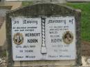Herbert KORN,
husband father,
died 12 July 1983 aged 70 years;
Maud Ellen KORN,
wife mother,
died 1 Oct 1987 aged 72 years;
Appletree Creek cemetery, Isis Shire