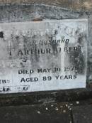 Ethel MAY BUSS,
wife,
died 30 March 1969 aged 77 years 9 months;
Arthur Albert BUSS,
husband,
died 10 May 1975 aged 89 years;
Appletree Creek cemetery, Isis Shire