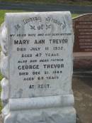Mary Ann TREVOR,
wife mother,
died 10 July 1932 aged 47 years;
George TREVOR,
father,
died 21 Dec 1949 aged 68 years;
Appletree Creek cemetery, Isis Shire