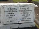 Florence Louisa FRENCH,
died 12 May 1964;
George Henwood FRENCH,
died 4 Feb 1935 aged 60 years;
Bevan George FRENCH,
died 26 July 1929 aged 7 weeks;
Appletree Creek cemetery, Isis Shire