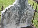 John MACKENZIE,
accidentally killed 13 Dec 1898 aged 60? years,
erected by widow;
Appletree Creek cemetery, Isis Shire
