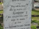 George TREVOR,
died 26 July 1910 aged 53 years;
Elizabeth,
wife,
died 20 July 1933 aged 75 years;
Elizabeth Lucy TREVOR,
died 27 Jan 1957 aged 67 years;
Appletree Creek cemetery, Isis Shire