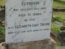 George TREVOR,
died 26 July 1910 aged 53 years;
Elizabeth,
wife,
died 20 July 1933 aged 75 years;
Elizabeth Lucy TREVOR,
died 27 Jan 1957 aged 67 years;
Appletree Creek cemetery, Isis Shire