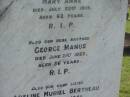 J.H.E. BERTHEAU,
died 28 Dec 1903 aged 52 years;
Mary Anne,
wife,
died 22 July 1919 aged 62 years;
George Manus,
brother,
died 21 June 1923 aged 36 years;
Adeline Muriel BERTHEAU,
sister,
died 19 Aug 1940 aged 39 years;
Edmund James,
brother,
died 13 Sept 1948 aged 66 years;
Walter Henry Edma,
brother,
died 5 Dec 1948 aged 68 years;
Charles Zacharie BERTHEAU,
died 23 Jan 1957 aged 75 years;
Appletree Creek cemetery, Isis Shire