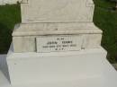 Joseph D.L. HAWE,
died 28 April 1926 aged 24 years;
Bridget HAWE,
died 12 Dec 1931;
Mary Elizabeth MCCABE,
died 1 March 1933;
John HAWE,
died 3 Sept 1952;
Kathleen Jane HAWE,
died 30 May 1912 aged 6 years;
Appletree Creek cemetery, Isis Shire