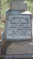 Patrick OBRIEN
native of county Limerick, Ireland
d: 31 Jul 1906, aged 67
husband of Catherine OBRIEN
Aubigny Catholic Cemetery, Jondaryan