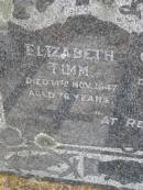 Elizabeth TIMM,
died 14 Nov 1947 aged 76 years;
Carl TIMM,
died 30 Sept 1938 aged 70 years;
Bergen Djuan cemetery, Crows Nest Shire