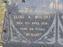 Elise A. WOLSKI, mother,
died 5 April 1974 aged 98 years;
Gottfried WOLSKI, husband father,
died 1 Sept 1946 aged 68 years;
Bergen Djuan cemetery, Crows Nest Shire