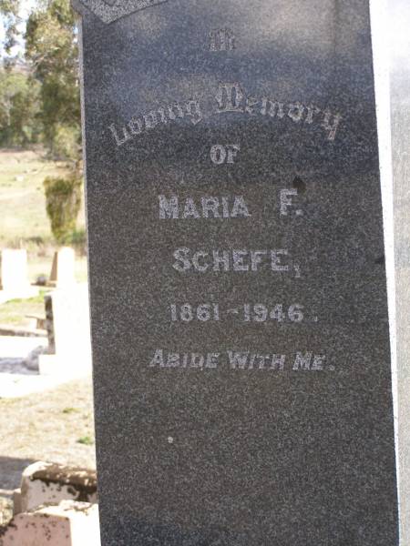 Lizzie SCHEFE, 1902 - 1932;  | Ethel, sister, 1888 - 1933;  | Maria F. SCHEFE, mother,  | 1861 - 1946;  | Frederick M.C. SCHEFE, father,  | 1859 - 1940,  | erected by wife & family;  | Bergen Djuan cemetery, Crows Nest Shire  | 