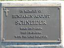 
Benjamin August SCHNEIDER
B: 25 Jul 1904
D: 25 May 1996

Bethania (Lutheran) Bethania, Gold Coast
