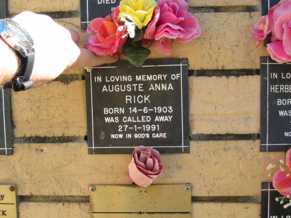 Auguste Anna RICK  | B: 14 Jun 1903  | D: 27 Jan 1991  |   | Bethania (Lutheran) Bethania, Gold Coast  | 