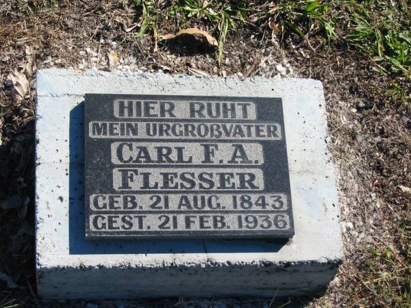 Carl F A FLESSER  | geb  21 Aug 1843  | gest 21 Feb 1936  |   | Bethania (Lutheran) Bethania, Gold Coast  | 