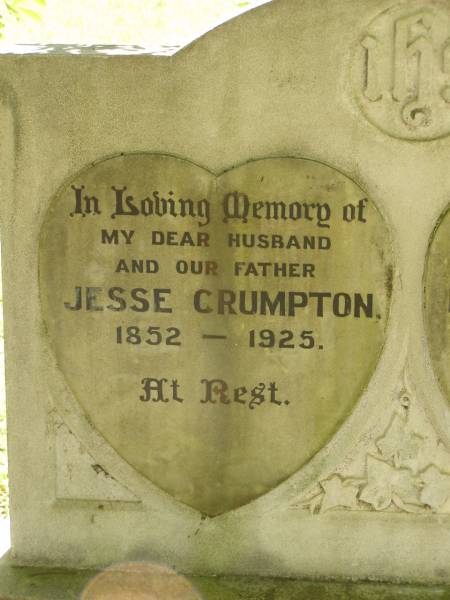 Jesse CRUMPTON,  | husband father,  | 1852 - 1925;  | Nancy CRUMPTON,  | mother,  | died 1 Nov 1946 aged 93 years;  | Blackbutt-Benarkin cemetery, South Burnett Region  | 