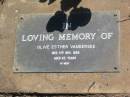 Olive Esther VANDERSEE,
died 11 Nov 1989 aged 83 years;
Blackbutt-Benarkin cemetery, South Burnett Region