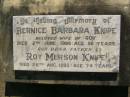 Bernice Barbara KNIPE,
wife of Roy,
died 2 Jun 1986 aged 56 years;
Roy Merson KNIPE,
father,
died 26 Aug 1993 aged 74 years;
Blackbutt-Benarkin cemetery, South Burnett Region