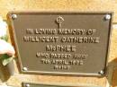 Millicent Catherine MCPHEE,
died 7 April 1992;
Bribie Island Memorial Gardens, Caboolture Shire