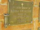 Lorna SWINBOURN,
died 16 Dec 1994 aged 68 years;
Bribie Island Memorial Gardens, Caboolture Shire