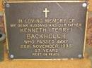 Kenneth (Terry) BACKHOLER,
husband father,
died 28 Nov 1995 aged 57 years;
Bribie Island Memorial Gardens, Caboolture Shire