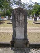 Rose Ann GREER, mother,
died 5 April 1897 aged 56 years;
Alexander, father,
died 18 Dec 1898 aged 61 years;
Agnes Rose, sister,
died 11 Sept 1888 aged 5 months;
Brookfield Cemetery, Brisbane