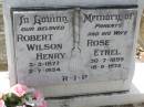 parents;
Robert WILSON,
3-3-1877 - 2-7-1954;
Rose Ethel, wife,
30-7-1899 - 18-9-1972;
Brookfield Cemetery, Brisbane
