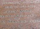 Christian F.C. MOHR,
died 1 Oct 1936;
Jessie MOHR,
died 30 Nov 1954;
Brookfield Cemetery, Brisbane