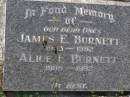 John North BURNETT,
died 22 Aug 1936 aged 67 years;
Lucinda Maria, wife,
died 11 June 1900 aged 89 years;
Walter Logan BURNETT,
died 25 July 1937 aged 36 years;
Lucinda Ann BRIMBLECOMBE (nee BURNETT),
died 5 Dec 1987;
James E. BURNETT,
1903 - 1982;
Alice E. BURNETT,
1908 - 1992;
Brookfield Cemetery, Brisbane