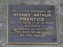 Sydney Arthur PRENTICE,
26-11-1908 - 9-5-2002,
husband of Mildred;
Brookfield Cemetery, Brisbane