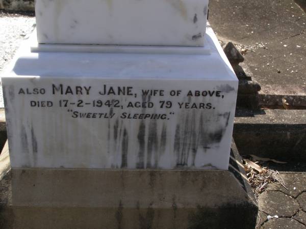 Alfred Samuel, husband of Mary Jane LOGAN,  | died 5 June 1933 aged 76 years;  | Mary Jane, wife,  | died 17-2-1942 aged 79 years;  | Brookfield Cemetery, Brisbane  | 