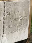 Veronica EZZY,
died 28 March 1942 aged 88 years;
Abraham John EZZY,
died 18 Aug 1921 aged 70 years;
Brooweena St Marys Anglican cemetery, Woocoo Shire