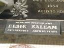 Davies SALEM,
husband,
died 22 Jan 1954 aged 70 years;
Elsie SALEM,
wife,
died 28 Nov 1964 aged 69 years;
Brooweena St Marys Anglican cemetery, Woocoo Shire