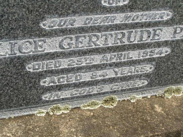 Alice Gertrude PAUL,  | mother,  | died 25 April 1954 aged 84 years;  | Brooweena St Mary's Anglican cemetery, Woocoo Shire  | 