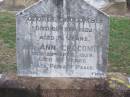 George CROCOMBE,
died 29 Sept 1922 aged 79 years;
Ann CROCOMBE,
died 22 April 1929 aged 86 years;
Caffey Cemetery, Gatton Shire